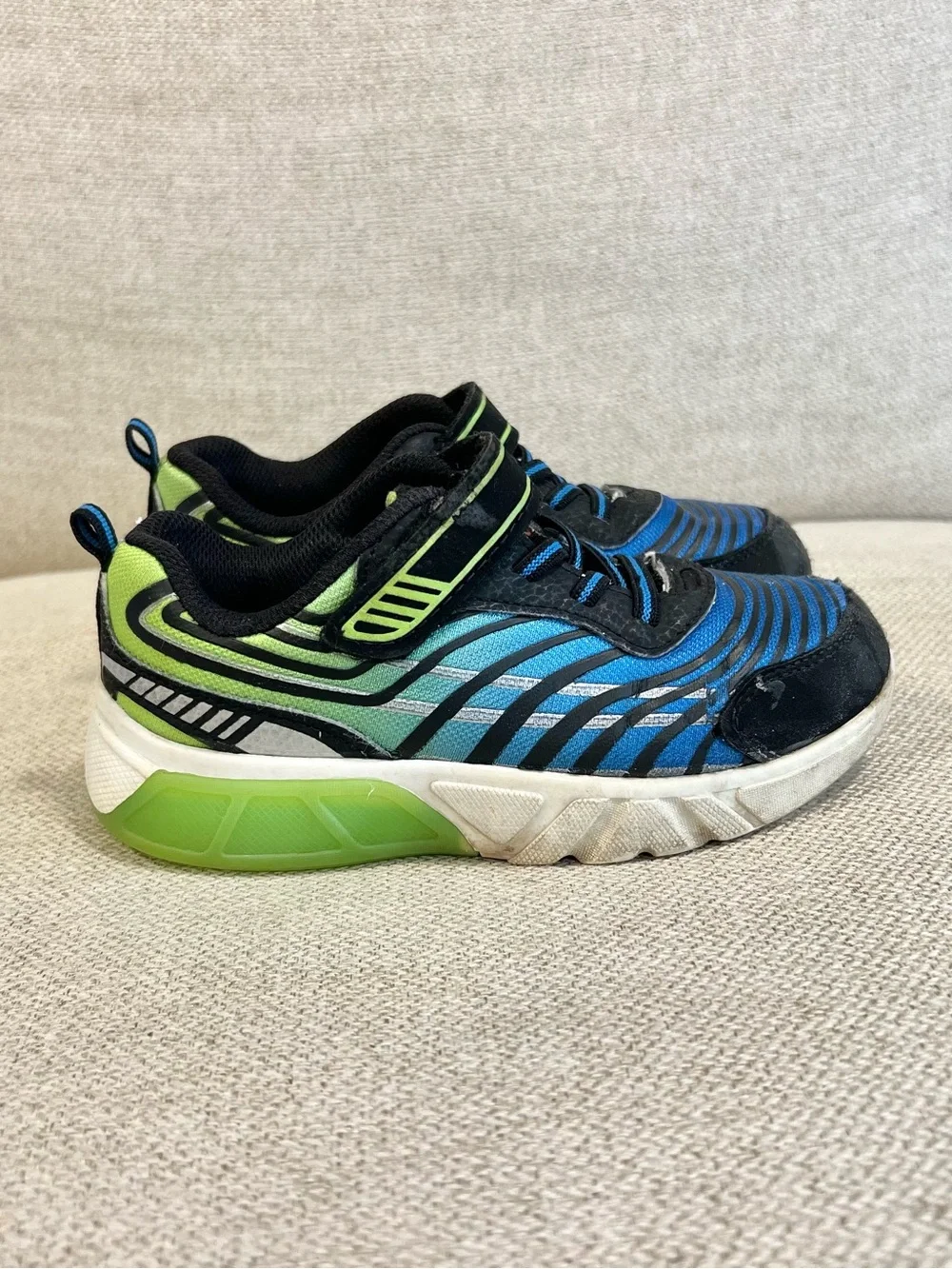 Athletic Works Boys Size 11 Blue Green Hook & Loop Sneakers GUC